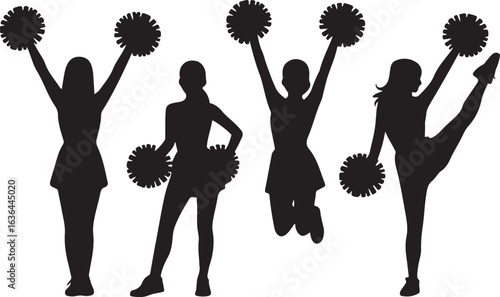 Four cheerleader silhouettes in various poses with pom poms on white background Keywords