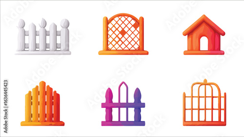 Colorful decorative fences gates and house illustrations
