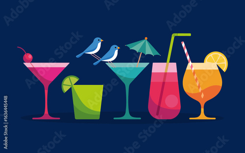 Colorful Summer Cocktails with Birds and Umbrellas Set Against a Deep Blue Background for Tropical Getaways