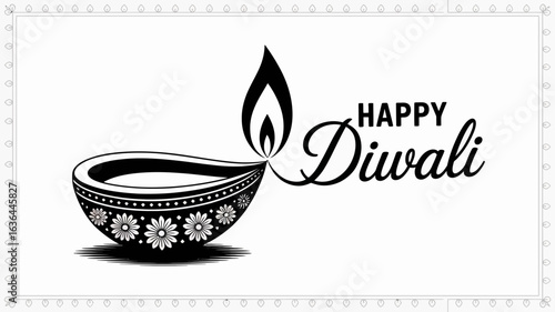 Vector art of happy diwali illustration featuring a traditional diya lamp with floral patterns, isolated on white background, perfect for festive greeting cards