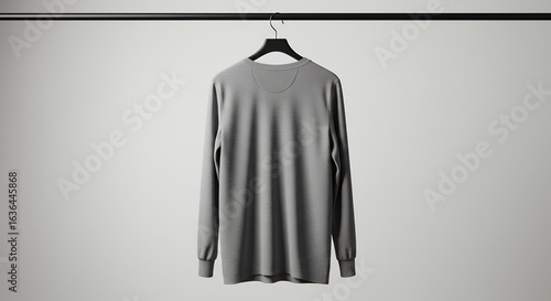 Grey Long-Sleeve Shirt on Black Hanger Minimalist Studio Shot.