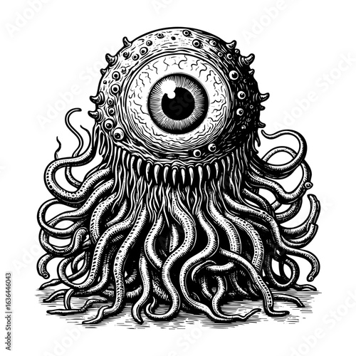 Antique engraved illustration from eye monster with tentacles ink sketch. Vector isolated on transparent background.