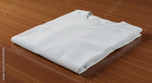 Folded White T-Shirt on Brown Wooden Table.
