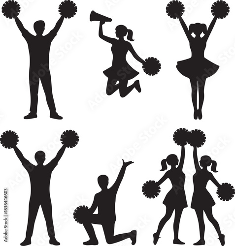 Silhouette cheerleaders and male cheerleader with pom poms and megaphone on white background cheerleading