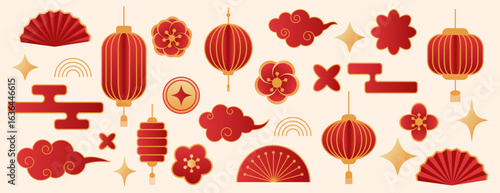 Chinese New Year Traditional Elements Set with Lanterns and Clouds