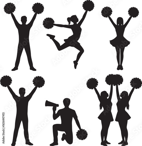 Silhouette cheerleaders and cheerleaders with pom poms and megaphone cheerleading