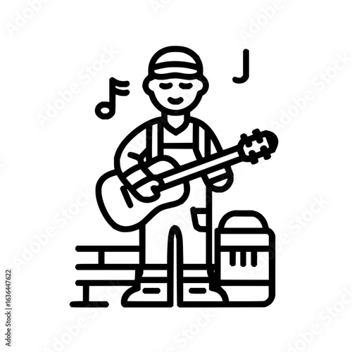 Street performer with guitar and paint can singing a song for the audience in the town square