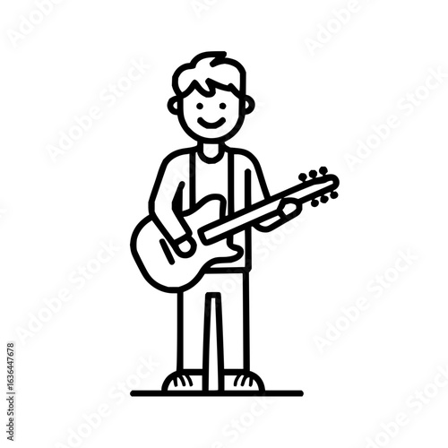 Illustration of a guitarist playing a guitar with a happy expression and simple line art style design