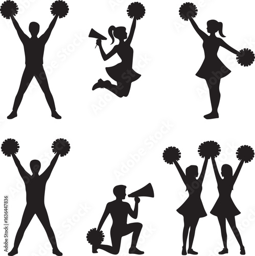 Silhouette cheerleaders and cheerleaders with pom poms and megaphone cheerleading