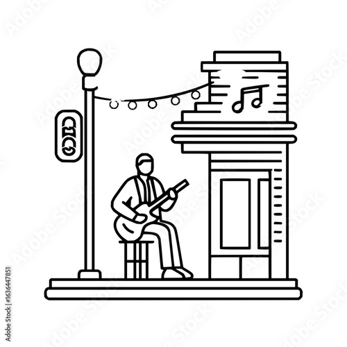 Guitarist performing on the street corner with lights and a music note decoration above them all