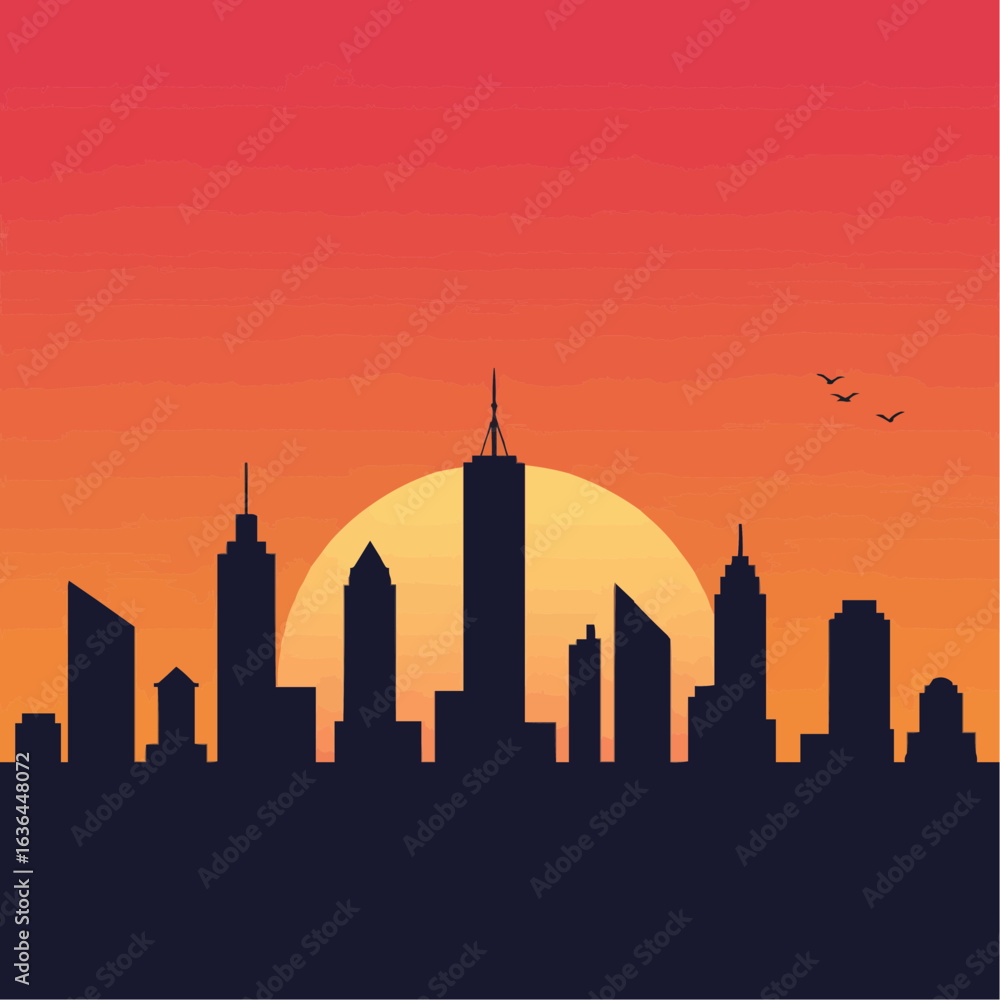 Obraz premium Minimalist Vector City Skyline at Sunset with a Large Sun
