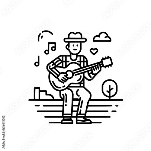 Man with hat playing guitar on bench in park with music notes and heart in the air design