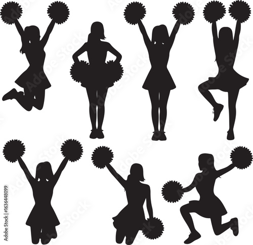 Seven silhouette cheerleaders in various poses with pom poms on white background cheerleading team