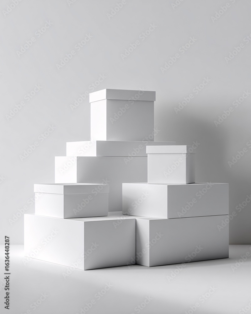 Clean studio scene with stacked plain white boxes on a seamless light background, minimalist mockup Clean studio scene with stacked plain white boxes on a seamless light background, minimalist mockup