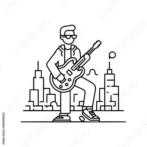 Guitarist performing in the city skyline with a cool style and playing a rock and roll song live