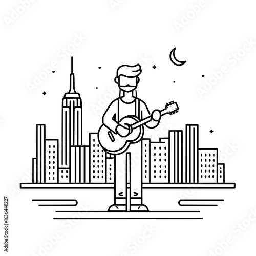 Guitarist in new york city skyline at night under the crescent moon illustration