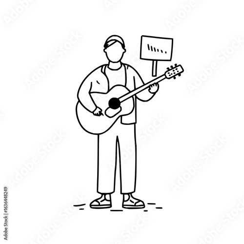 Man playing guitar for money on the street with a sign asking for donations and support please