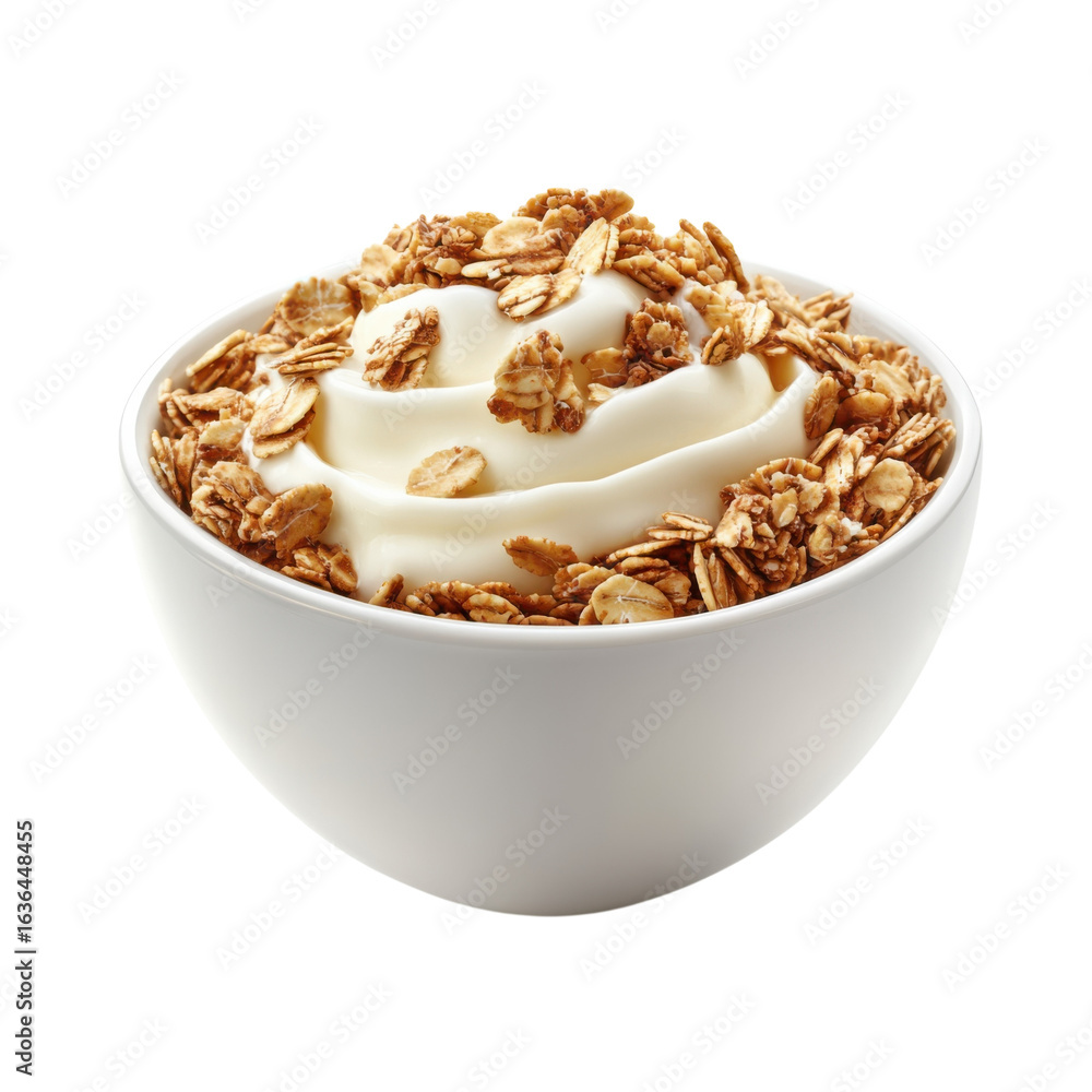 Creamy yogurt with crunchy granola in a white bowl, a delicious and healthy breakfast or snack option, perfect for promoting healthy eating and lifestyle on transparent background Creamy yogurt with crunchy granola in a white bowl, a delicious and healthy breakfast or snack option, perfect for promoting healthy eating and lifestyle on transparent background