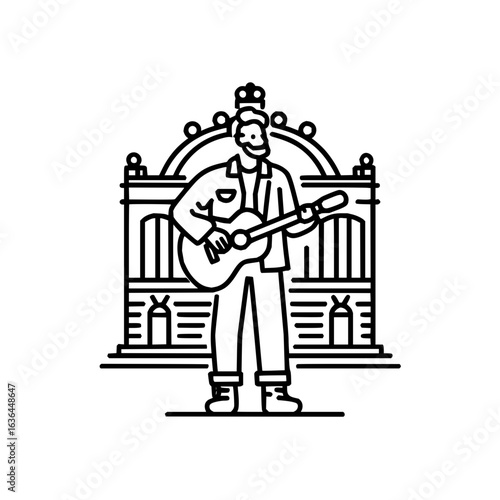 Man playing guitar in front of an ornate building with a crown on top is performing music