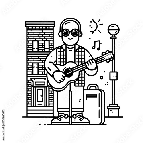 Street musician playing guitar with building and lamp post in the background