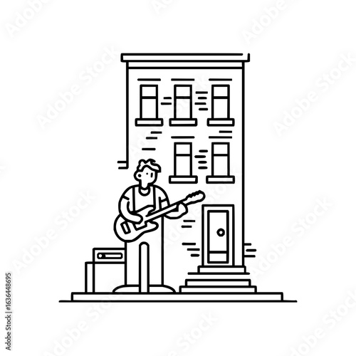 Guitarist serenading the neighborhood with a soulful melody outside his apartment building today