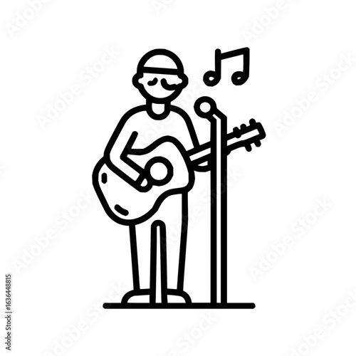 Line drawing of a musician playing guitar and singing into a microphone on a stage performance scene