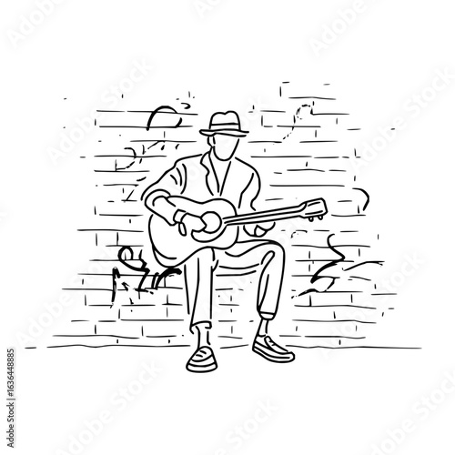 Sketch of a musician playing guitar on a brick wall in black and white line drawing style art
