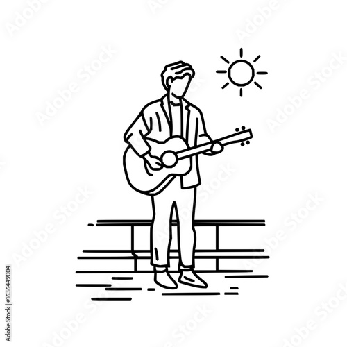 Man playing guitar in the sunshine illustration with a simple and clean style design image