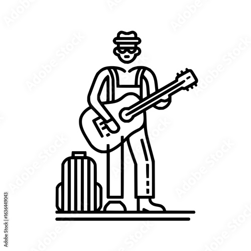 Man with guitar and backpack in outline style is ready for a music adventure and travel time