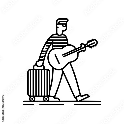 Musician traveling with guitar and luggage in a minimalist line art style design