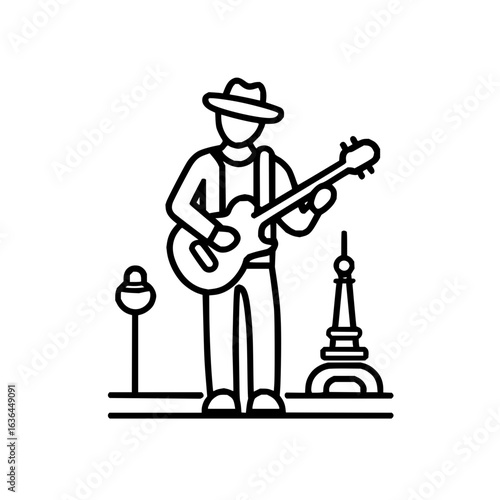 A musician playing guitar in paris with eiffel tower outline in a simple black and white drawing