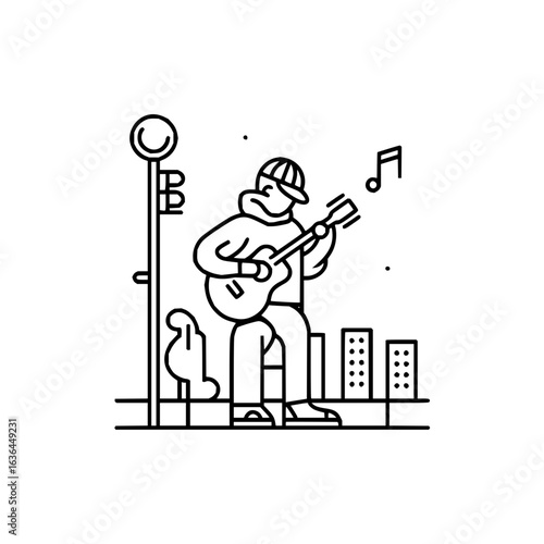 Man playing guitar on the street corner with buildings and a street light illustration