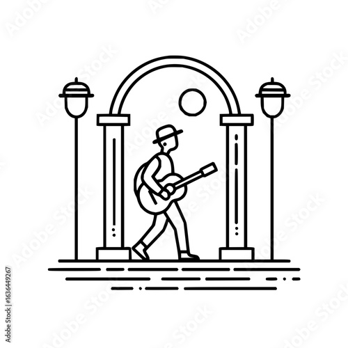 A musician strolling through an archway with his guitar and a hat on his head tonight is wonderful