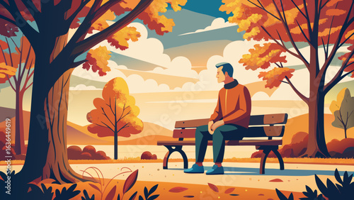 Middle-Aged Man in Mustard Sweater Sitting Under Vibrant Autumn Oak Tree on Wooden Bench