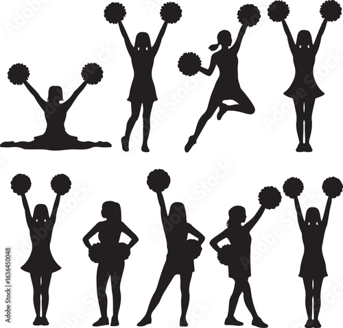 Assorted Cheerleader Silhouettes In Active Poses With Pom Poms Keywords: cheerleader, cheerleading