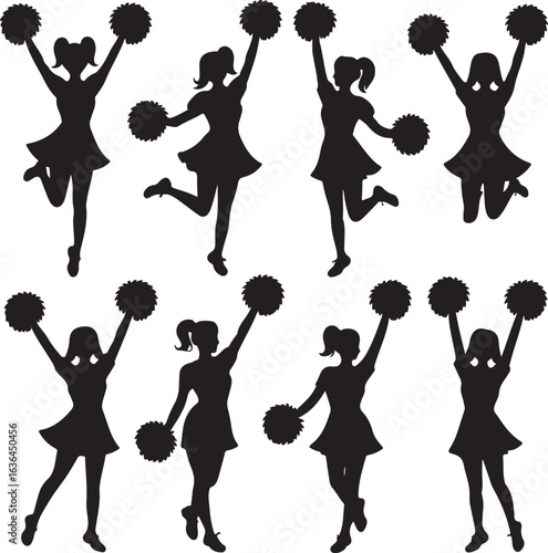 Dynamic Cheerleader Silhouettes In Action Poses With Pom Poms Keywords: cheerleader, cheerleading