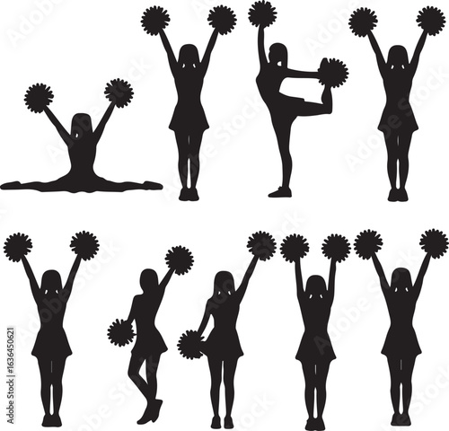 Cheerleader Silhouettes Performing Various Poses With Pom Poms Keywords: cheerleader, cheerleading