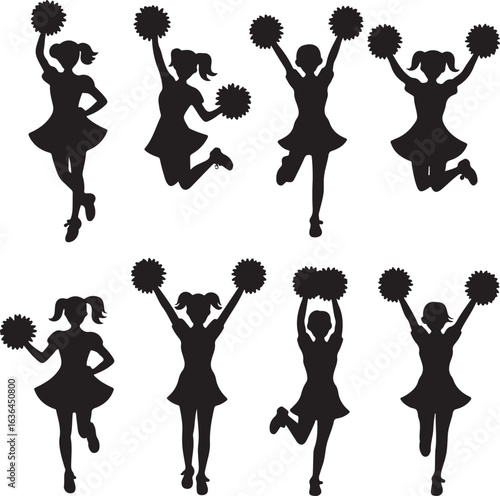 Eight cheerleader silhouettes with pom poms in jumping and standing poses cheerleading pompons
