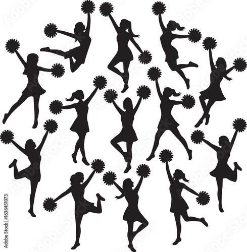 Circular arrangement of cheerleader silhouettes with pom poms in dynamic poses cheerleading pompons
