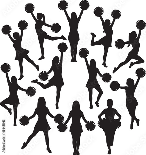 Group of cheerleader silhouettes with pom poms in a circular formation cheerleading pompons