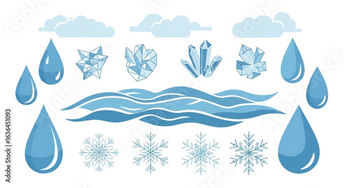 set of water drops vector illustration like ice cubes, waves, clouds, ice crystals