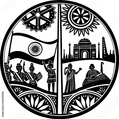 India: Monochromatic Circular Design Featuring National Flag, Monuments, and Cultural Figures.