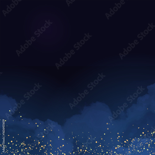 Magic night dark blue frame with sparkling glitter bokeh and light art. Square vector wedding card. Gold confetti and navy background. Golden scattered celestial dust. Fairytale magic star template