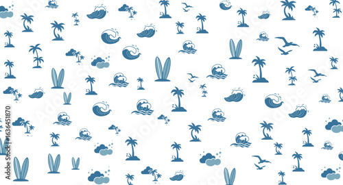 Palm trees, surfboards, waves, and seagulls create a summery white background with a blue motif suggesting a tropical holiday or coastal design.
