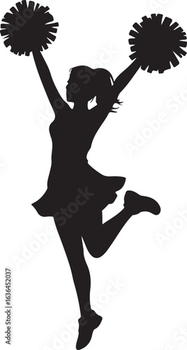 Single Cheerleader Silhouette Jumping with Pom Poms on White Background cheerleading female