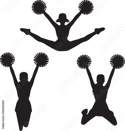 Three Cheerleader Silhouettes in Action with Pom Poms on White Background cheerleading female
