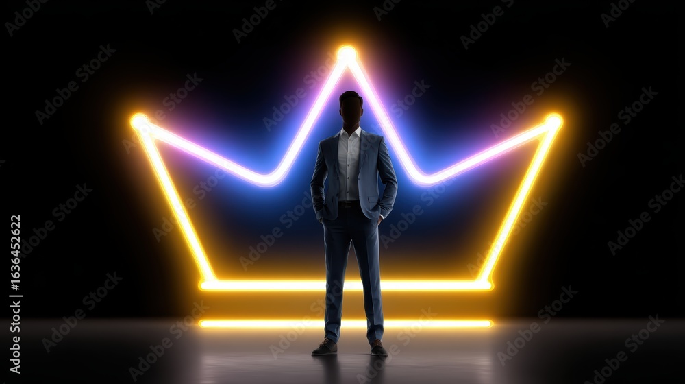 Fototapeta premium A silhouette of a man in a suit stands confidently in front of a glowing crown backdrop, symbolizing power and authority.