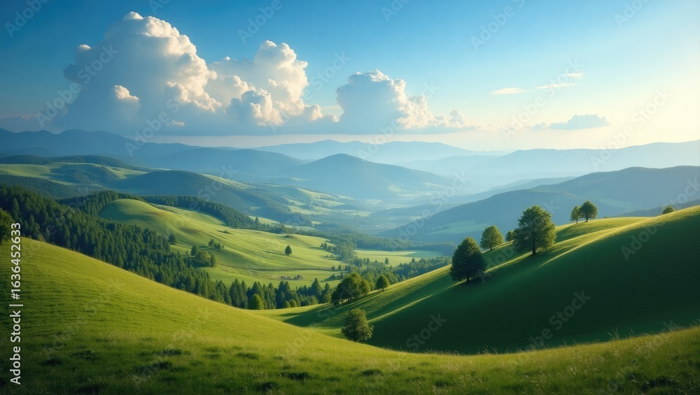 Fototapeta premium Lush green hills and valleys under a vast blue sky.