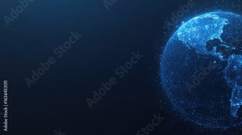 The globe is illuminated with digital connections, showcasing global data networks in a striking blue color against a dark background