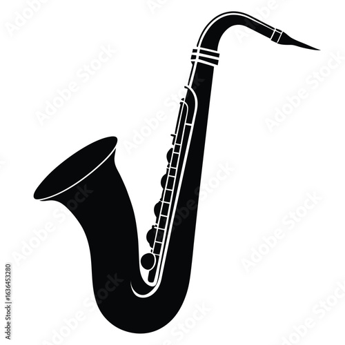 Photo of elegant black saxophone isolated on white background, a classic musical instrument for jazz and orchestra, perfect for music lovers and designers